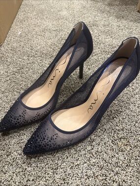 Nina Navy Mesh Pointed Toe Crystal Stiletto Heels